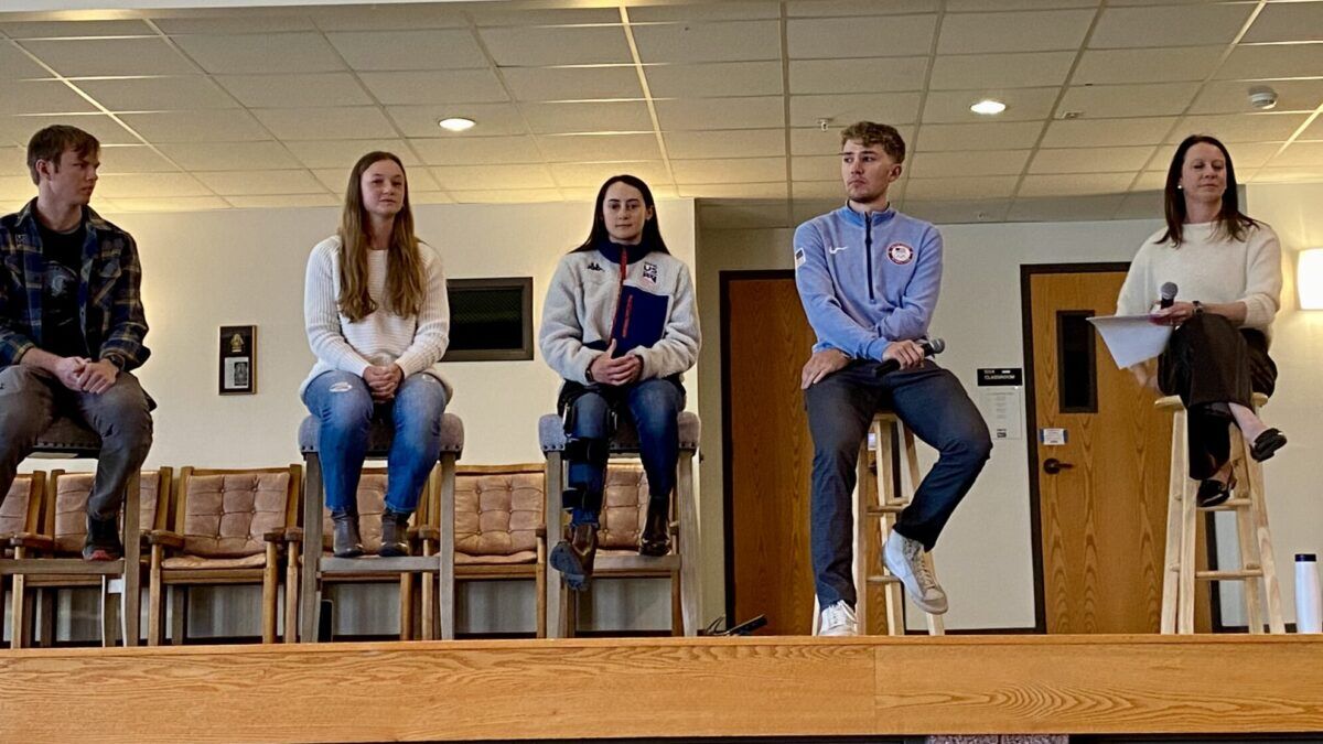 (L-R) Wes Campbell, Maddie Keiserman, Karenna Elliot, Casey Dawson, with Emily Cook moderating, comprise the Athlete's Panel at the Youth Sports Alliance's Circle of Excelence Recognition Ceremony.