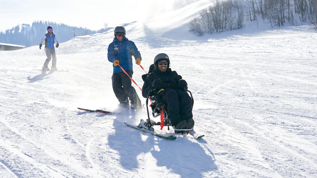 A glimpse at an adaptive bi-ski lesson from the 2019 ski season at Park City Mountain Resort.