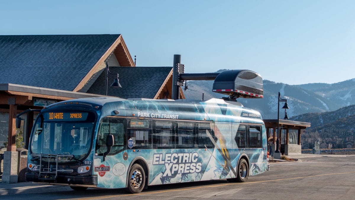 The Electric Xpress bus at the Kimball Junction Transit Center in Park City.