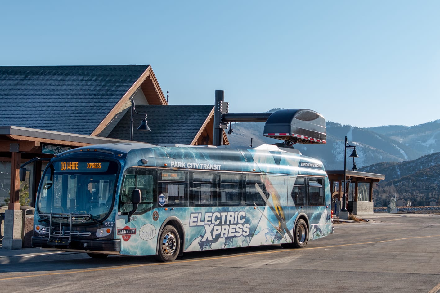 The Electric Xpress bus at the Kimball Junction Transit Center in Park City.