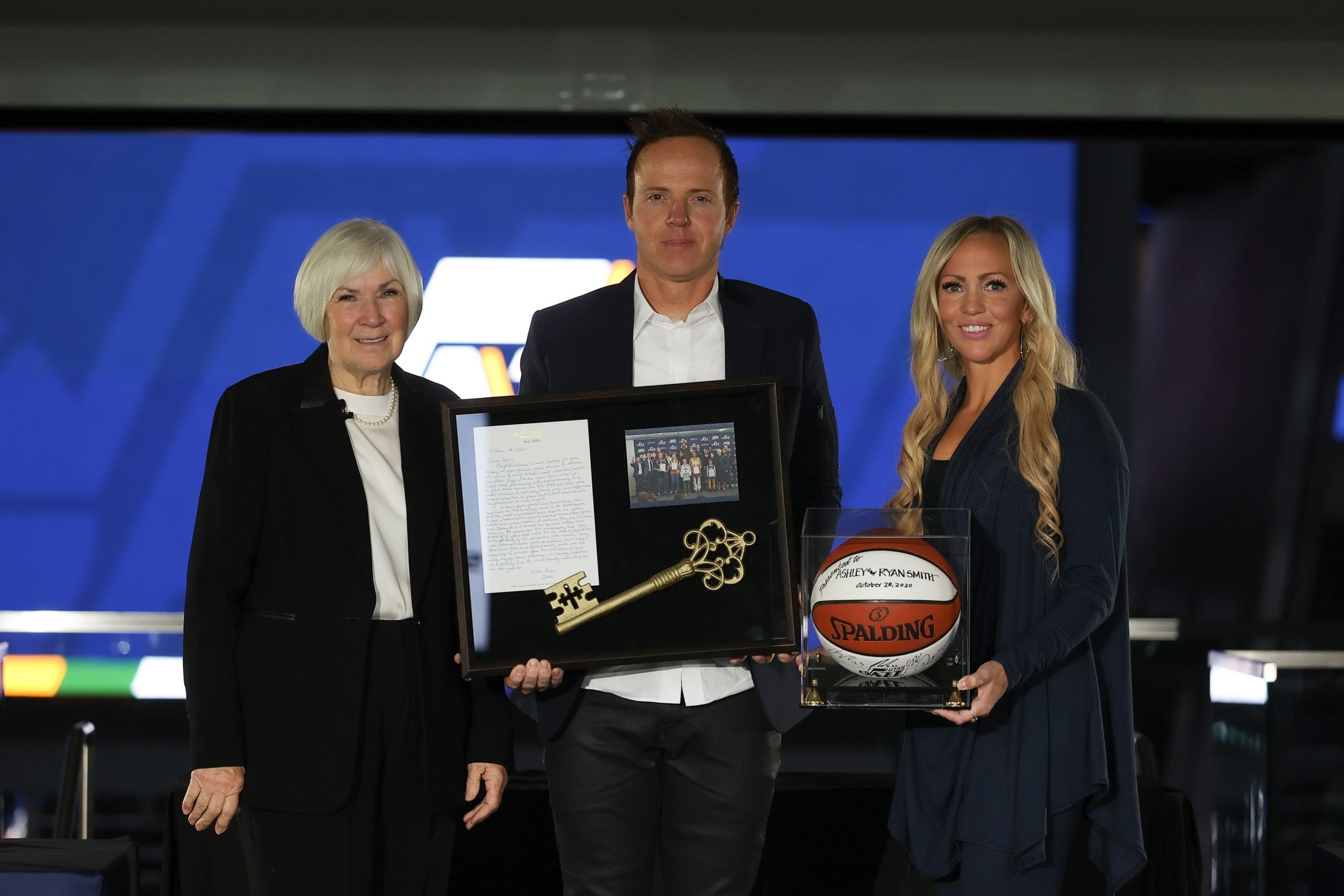 Gail Miller, Ryan Smith, and his wife Ashley Smith at a press conference in October where they were announced as the new owners of the Utah Jazz.