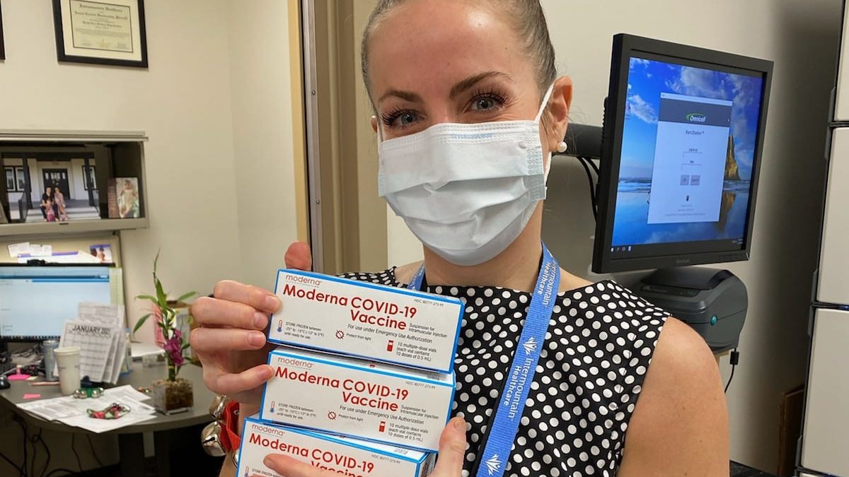 Laurie Blankenship, Pharmacy Director at Park City Hospital poses with doses of the Moderna Covid-19 vaccine.