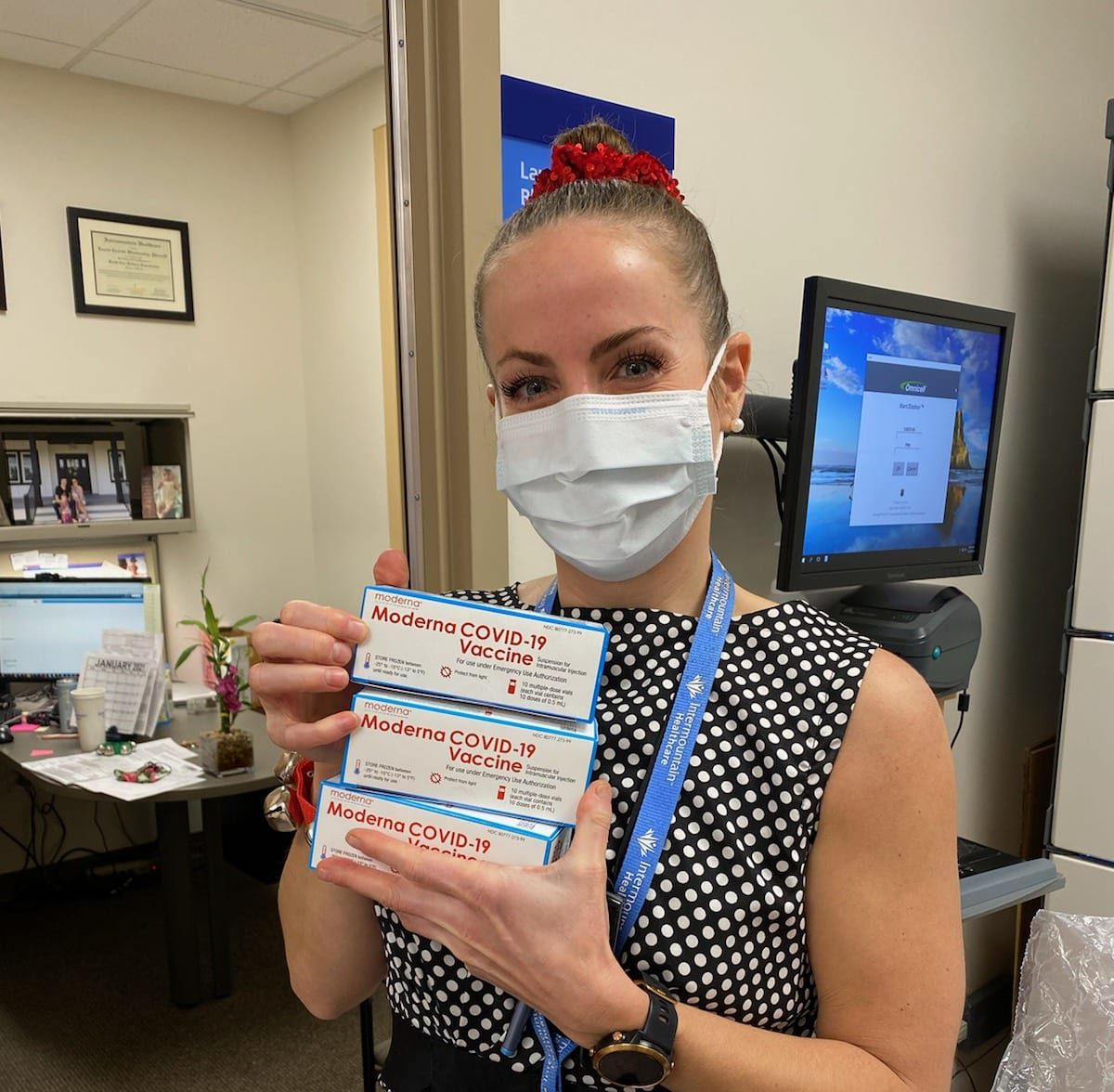 Laurie Blankenship, Pharmacy Director at Park City Hospital poses with doses of the Moderna Covid-19 vaccine.