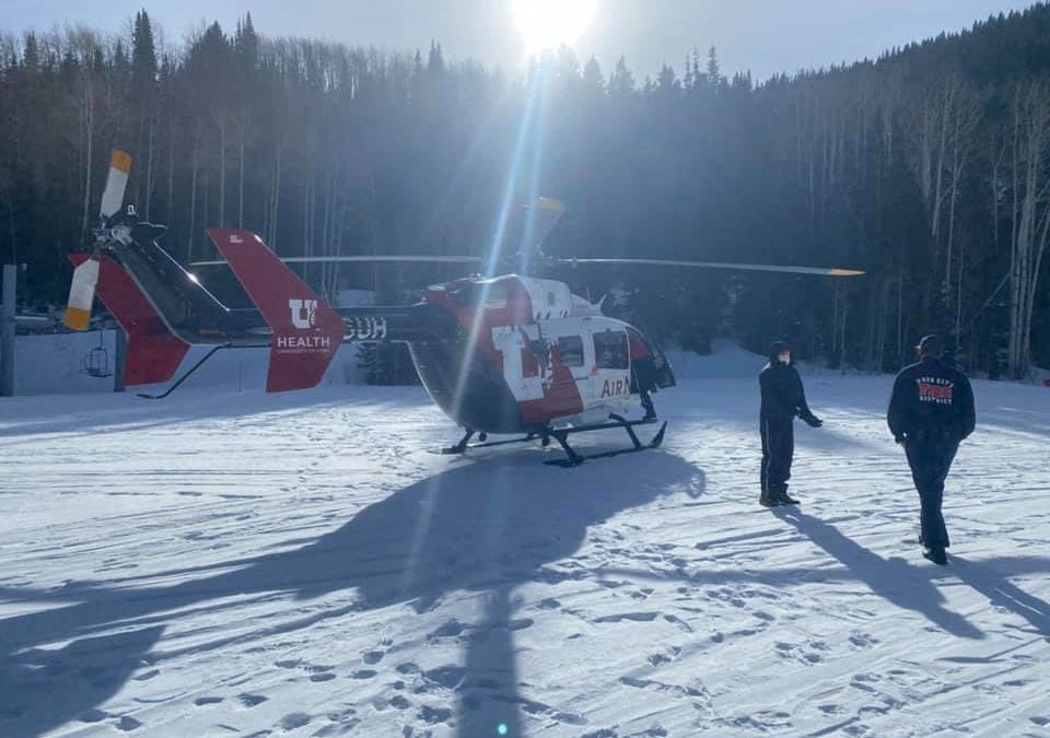 A helicopter landed after a backcountry avalanche Friday morning in the Dutch Draw area outside Canyons Resort.