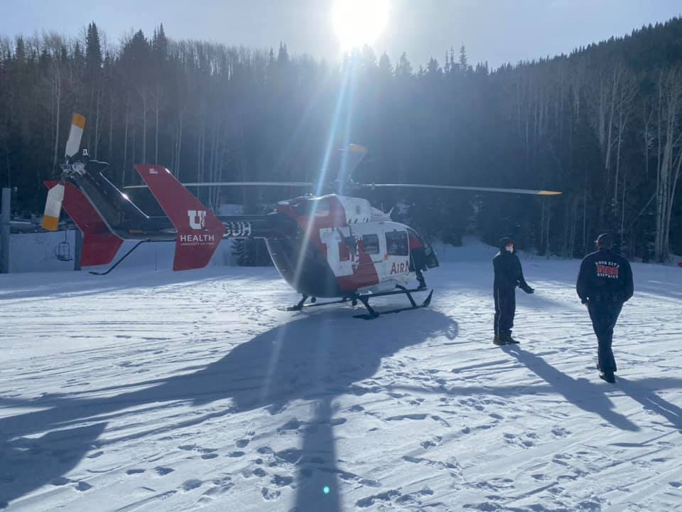 A helicopter landed after a backcountry avalanche Friday morning in the Dutch Draw area outside Canyons Resort.