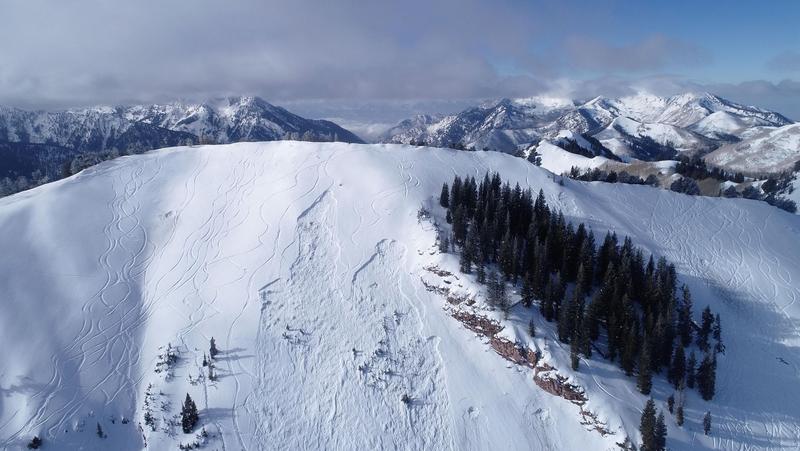 Dutch Draw Avalanche, January 2021: "Aerial image of the slide path, the left-most crown is the human triggered avalanche. The right-most crown was explosive triggered."