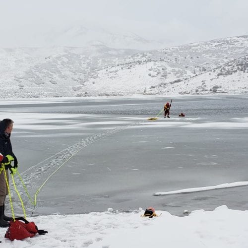 Ice rescue training on Deer Creek Reservoir. 