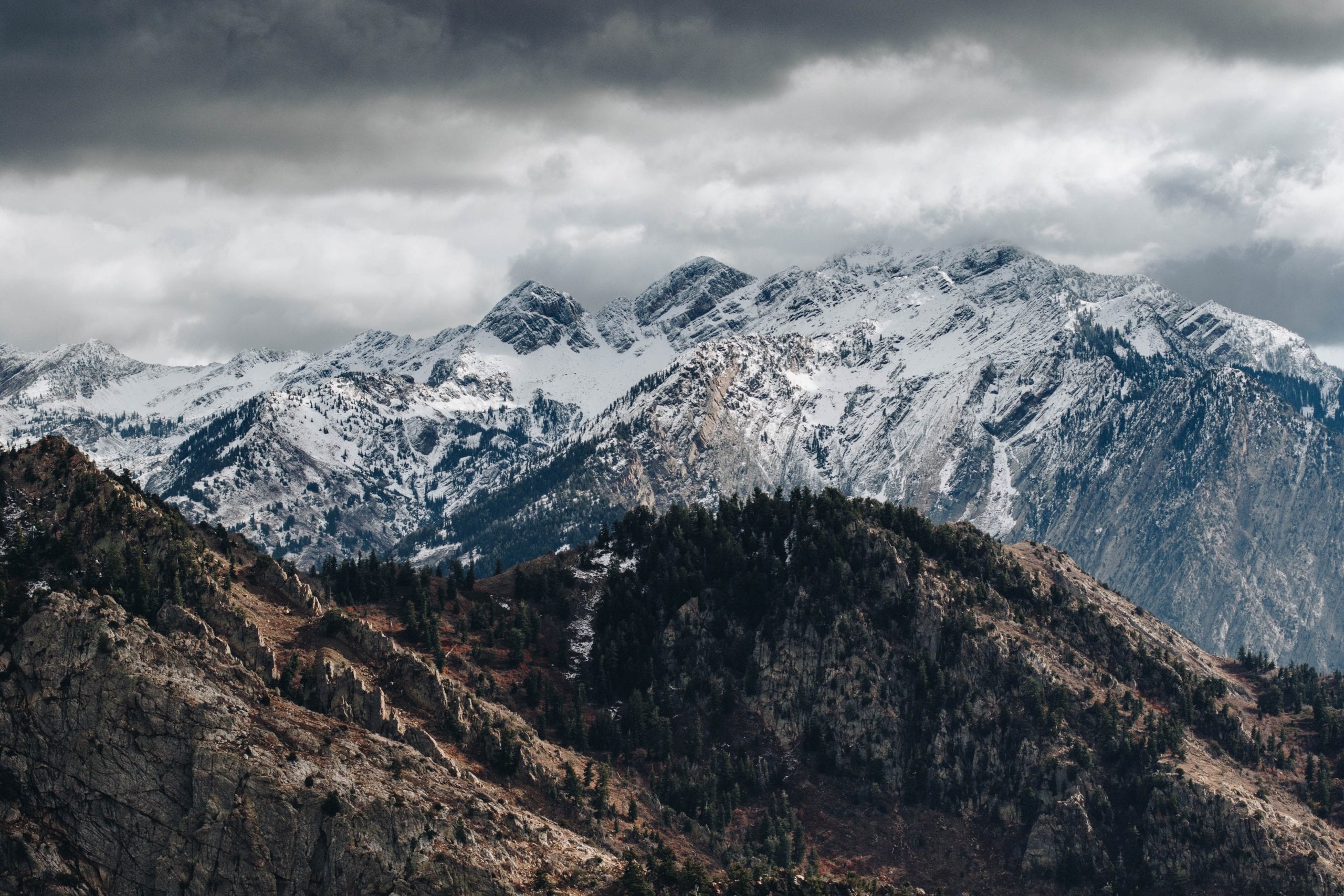 A view of the snow capped mountains in the Wasatch range.