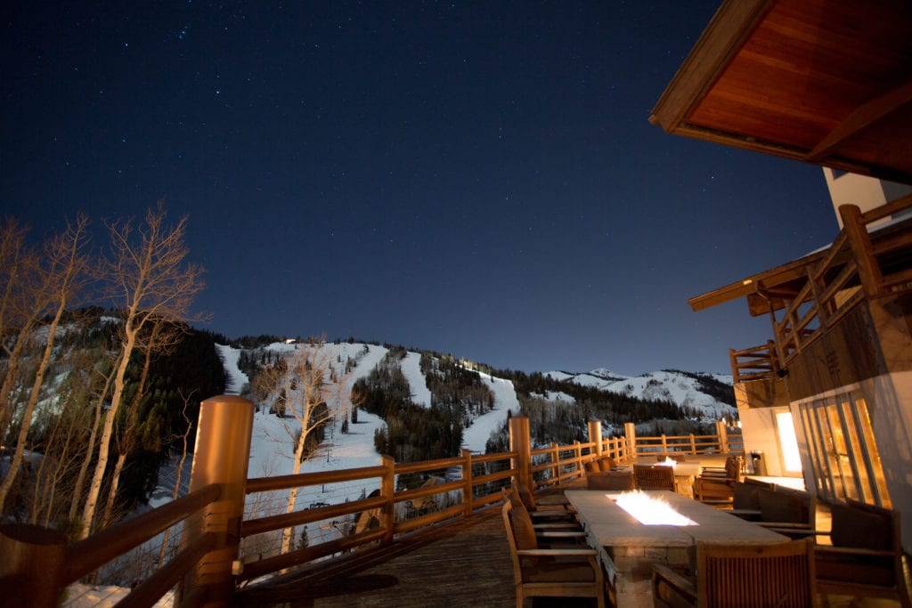 Deck views at the Stein Eriksen Lodge overlooking Deer Valley Resort.