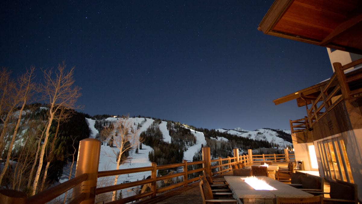 Deck views at the Stein Eriksen Lodge overlooking Deer Valley Resort.