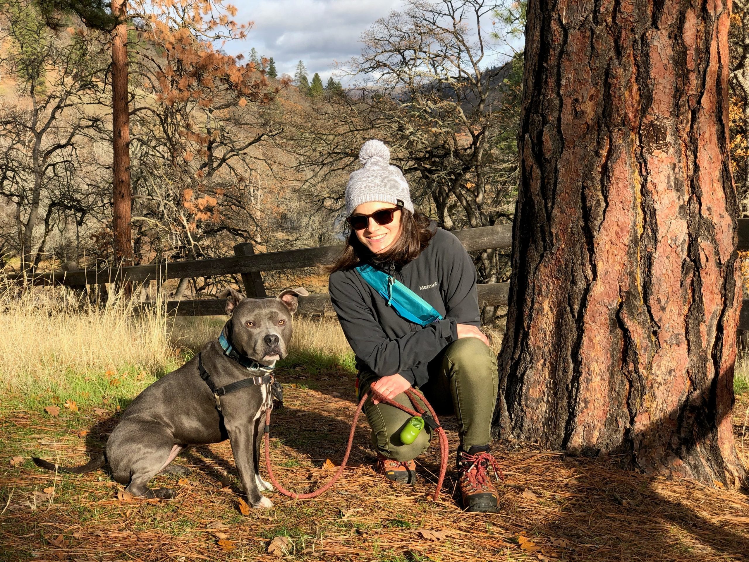 Emily Quinton, Summit County's new sustainability program manager, at the Columbia Gorge in Oregon with her four-legged friend.