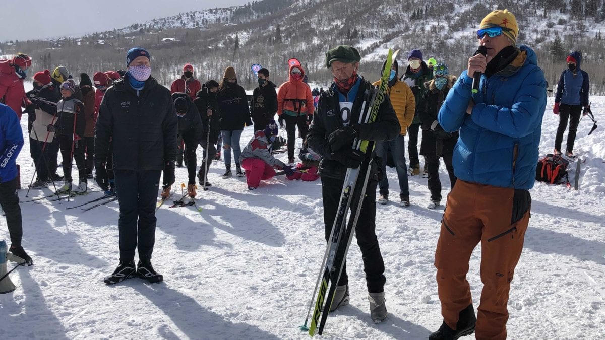 Dave Hanscom (holding skis) was recognized by Charlie Sturgis for his decades of work with the Wasatch Citizens Series during a ceremony between races this morning at the farm course next to SR-224.