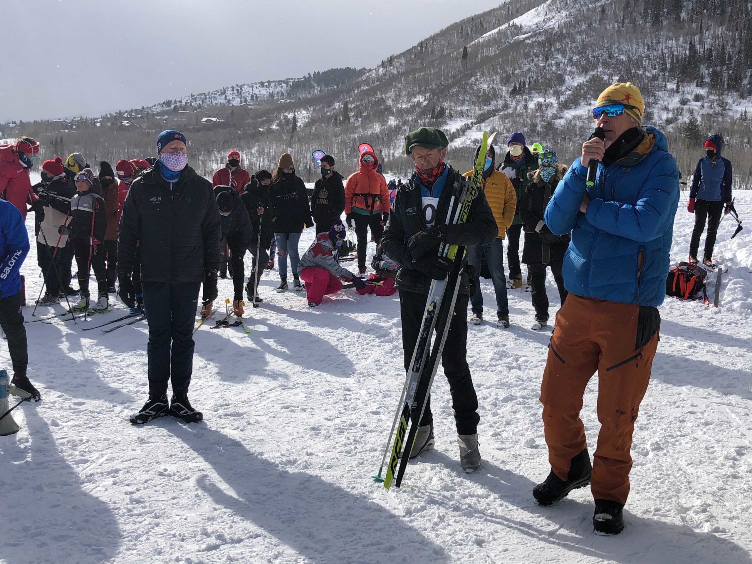 Dave Hanscom (holding skis) was recognized by Charlie Sturgis for his decades of work with the Wasatch Citizens Series during a ceremony between races this morning at the farm course next to SR-224.