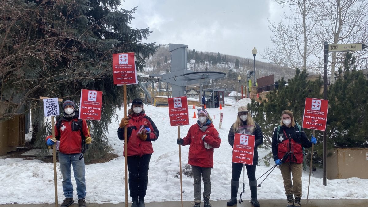 Park City ski patrollers rallying on Historic Park City's Main Street just outside the resort's Town Lift this morning.