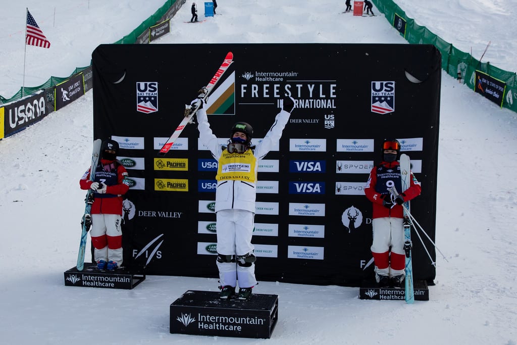 Women's Moguls 1st place finisher Perrine Laffont (FRA), 2nd place Anri Kawamura (JPN), 3rd place Kisara Sumiyoshi (JPN)