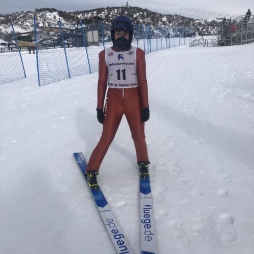 Ryder Older, a member of the USA Nordic Jr. National Championships Team in between jumps. Photo: Michele Roepke