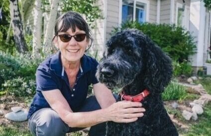 Insa and her 'recycled' (rescue) dog find pleasure in supporting local nonprofits during retirement.