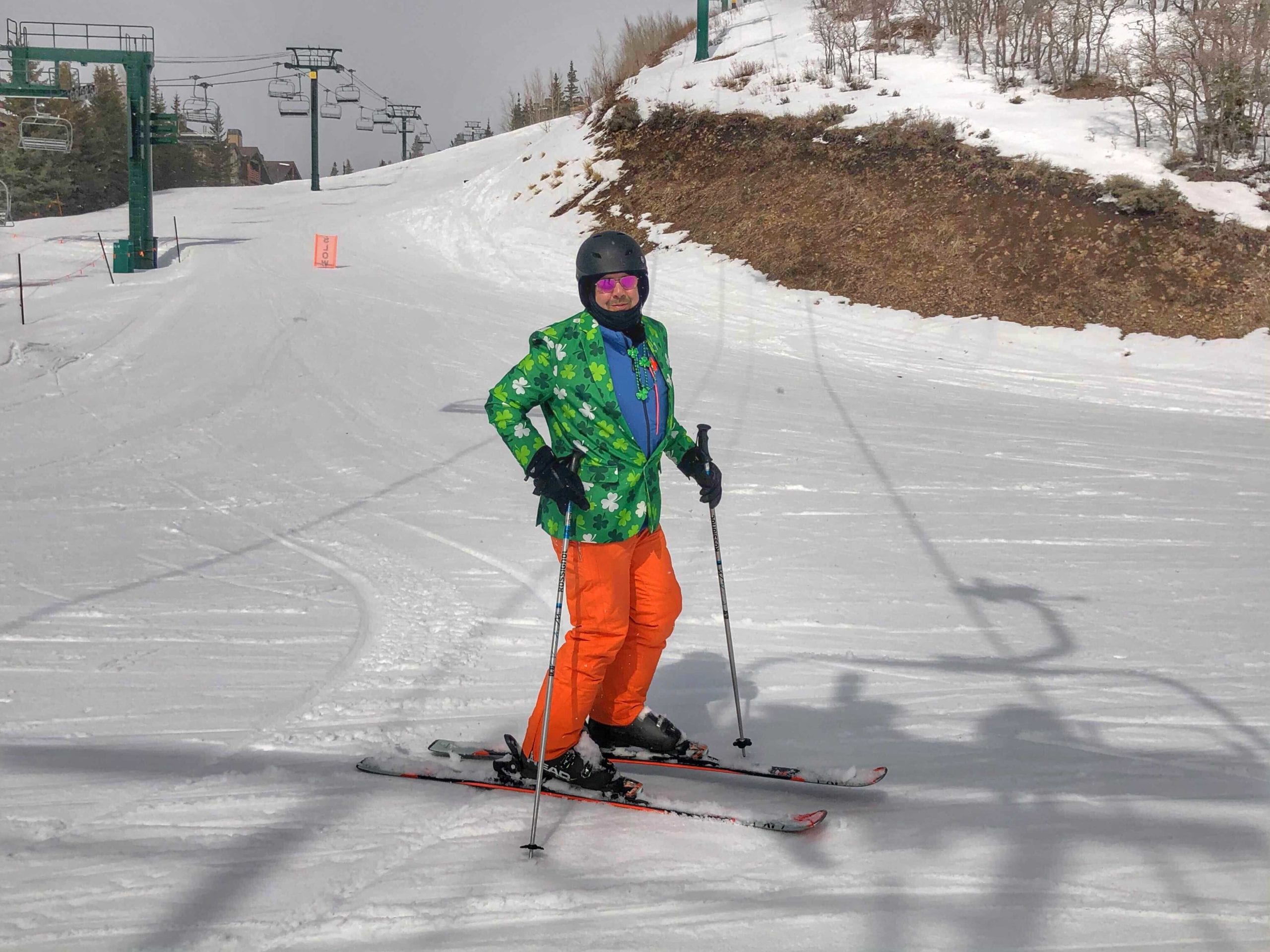 Some leprechauns keep it business casual and ski in blazers and orange pants.