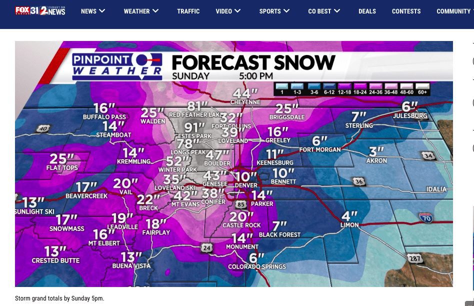 91" of snowfall in Estes Park, Colorado forecast for this weekend.