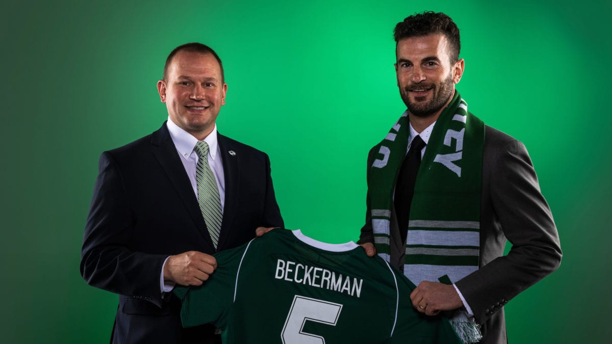 Real Salt Lake is having Kyle Beckerman Night on Wednesday. Former Major League Soccer player Kyle Beckerman, right, is introduced by UVU Athletic Director Jared Sumsion as the new head men’s soccer coach at Utah Valley University.