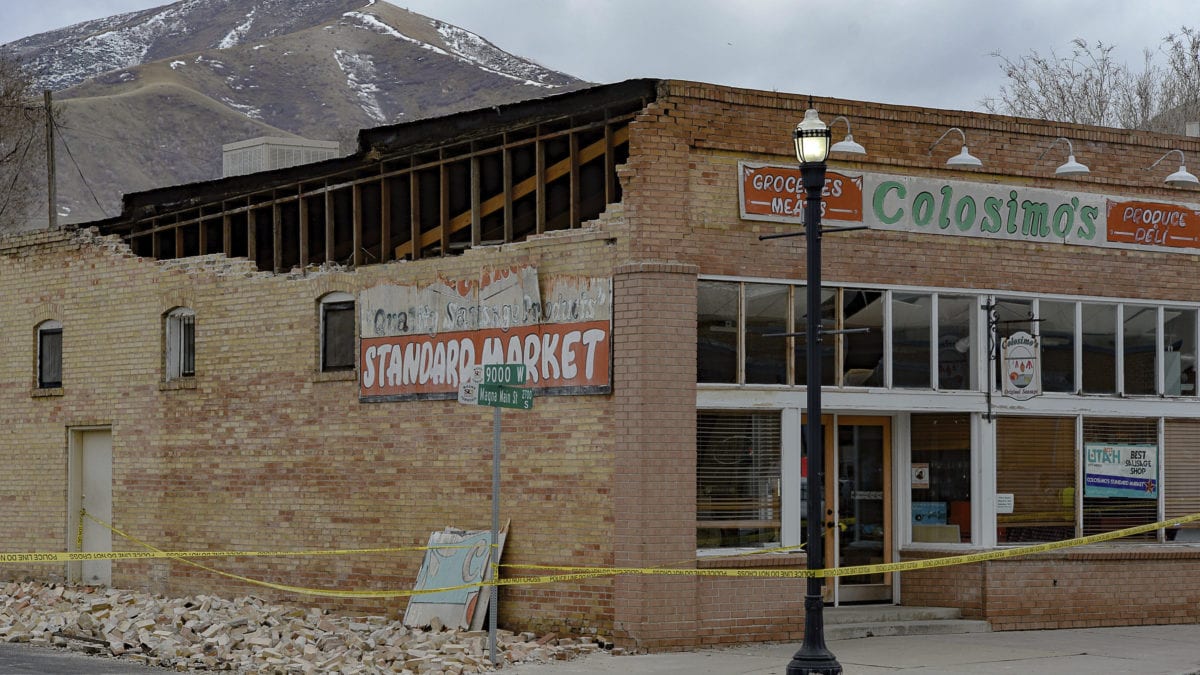 Damage can be seen in Magna, the epicenter of a 5.7 earthquake on Wednesday morning, March 18, 2020, especially along historic Main street.