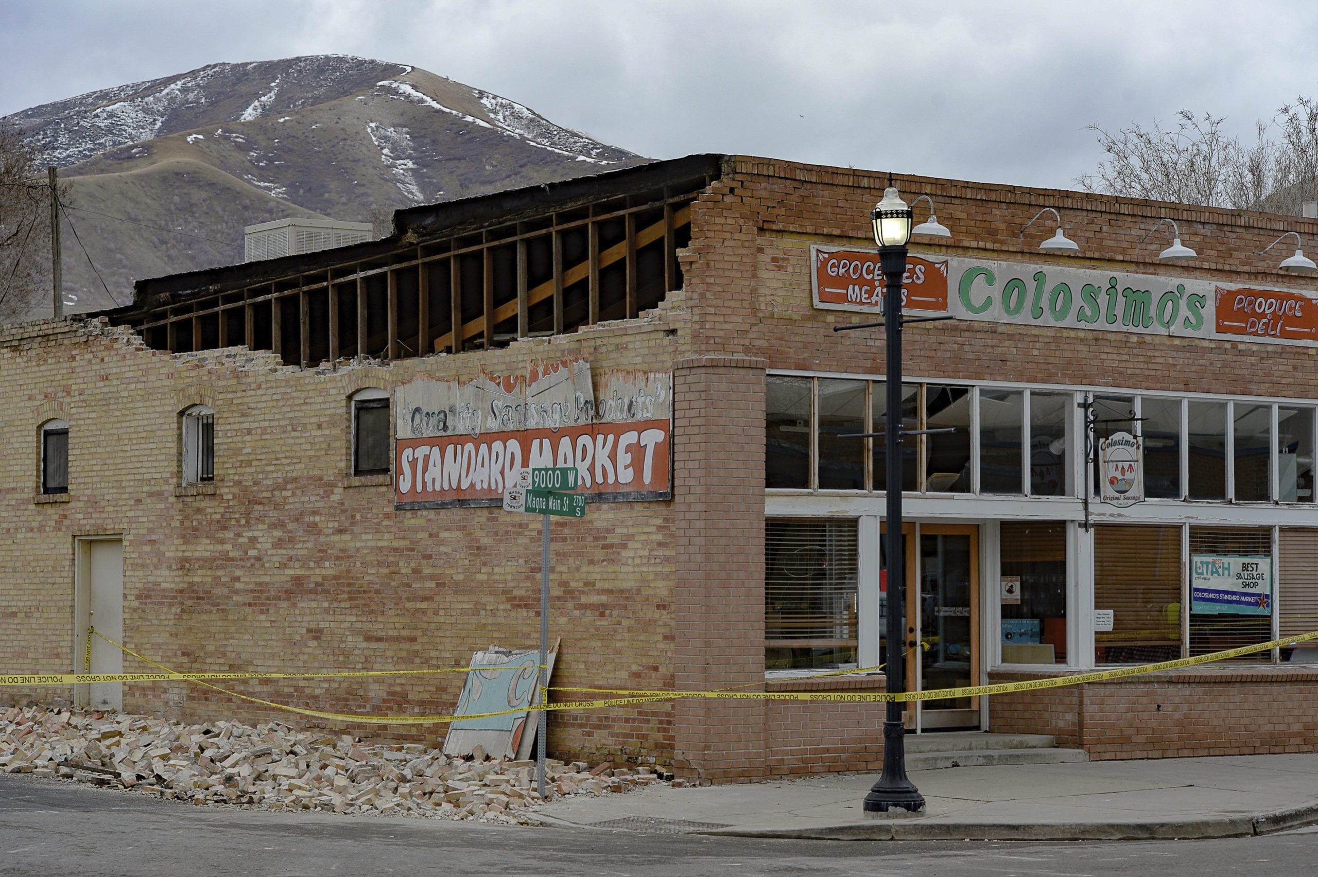 Damage can be seen in Magna, the epicenter of a 5.7 earthquake on Wednesday morning, March 18, 2020, especially along historic Main street.