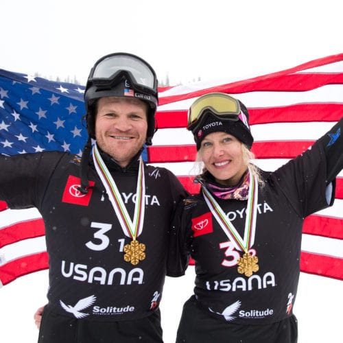 Mick Dierdorff and Lindsey Jacobellis at the Pacifico SBX Mixed Team Finals 2019 FIS World Champs presented by Toyota at Solitude, Utah.