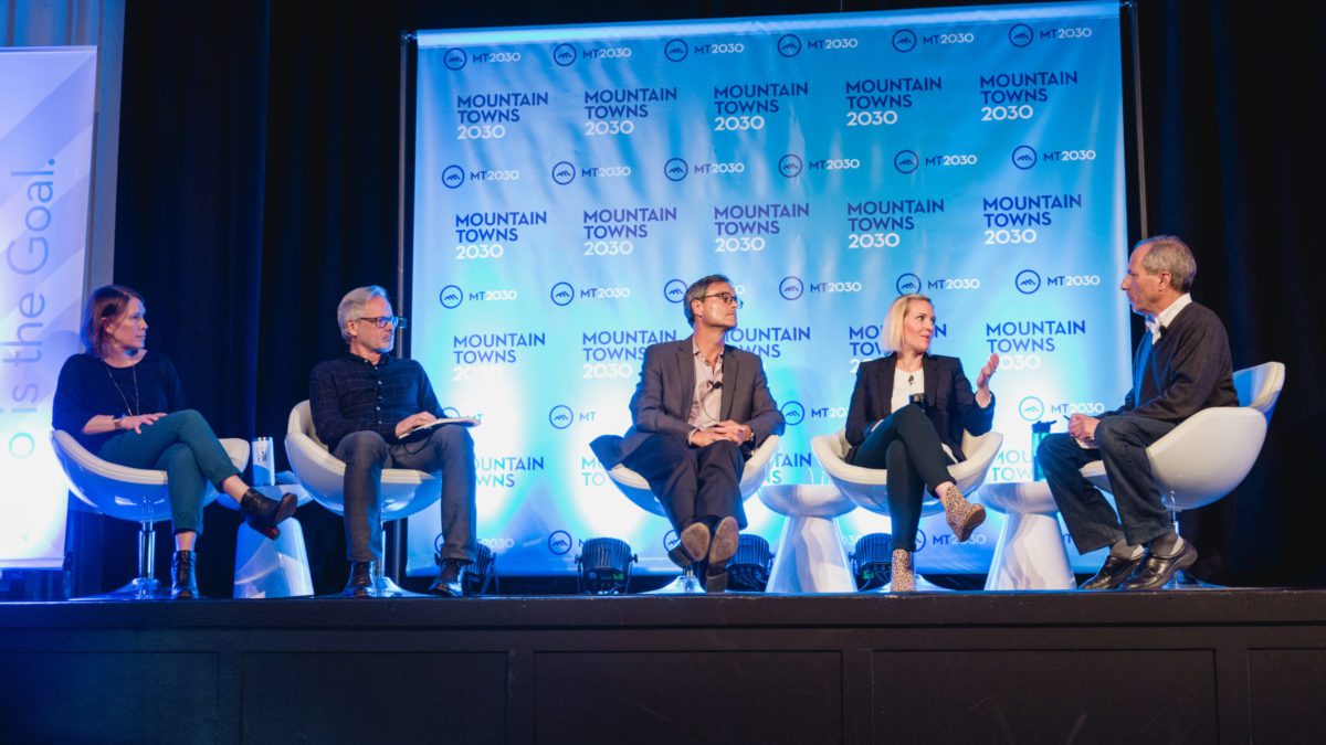 A panel discussion at the 2109 NetZero conference in Park City. From left: Laura Shaffer, POWDR; David Perry, Alterra Mountain Co.; Stephen Kircher, Boyne Resorts; Kate Wilson, Vail Resorts; Bruce Kasanoff, MT2030.