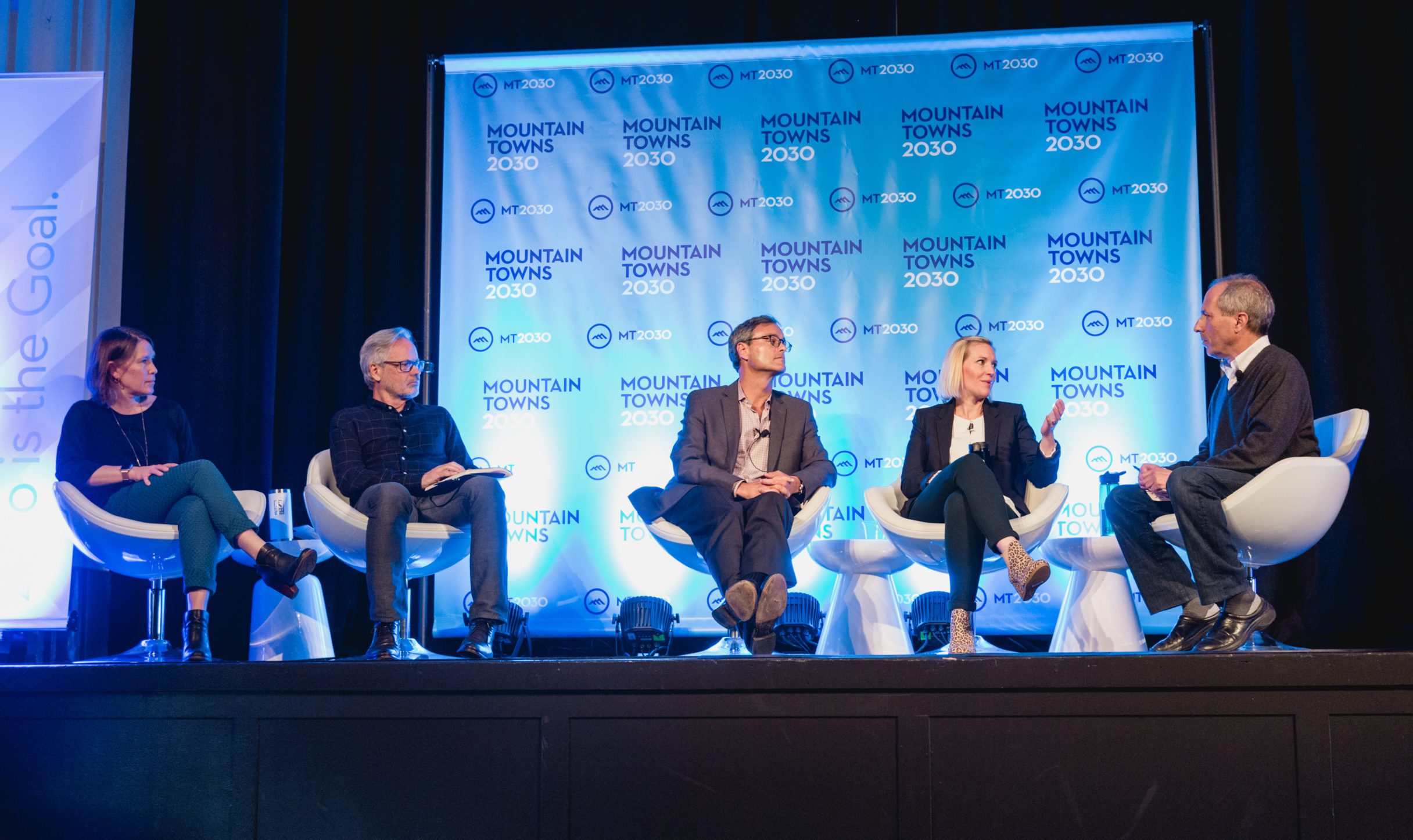 A panel discussion at the 2109 NetZero conference in Park City. From left: Laura Shaffer, POWDR; David Perry, Alterra Mountain Co.; Stephen Kircher, Boyne Resorts; Kate Wilson, Vail Resorts; Bruce Kasanoff, MT2030.