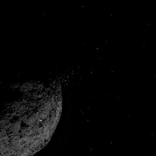 This view of asteroid Bennu ejecting particles from its surface on January 19 was created by combining two images taken on board NASA’s OSIRIS-REx spacecraft. Other image processing techniques were also applied, such as cropping and adjusting the brightness and contrast of each image.