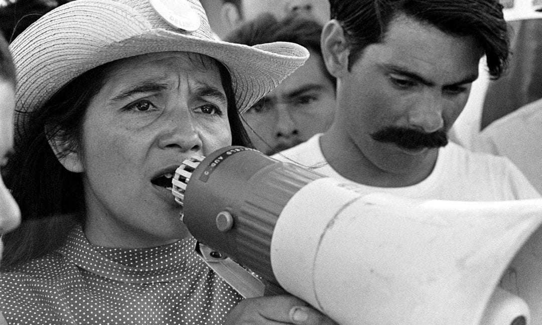 United Farm Workers Coachella March, Spring 1969. UFW leader, Dolores Huerta, organizing marchers on 2nd day of March Coachella.