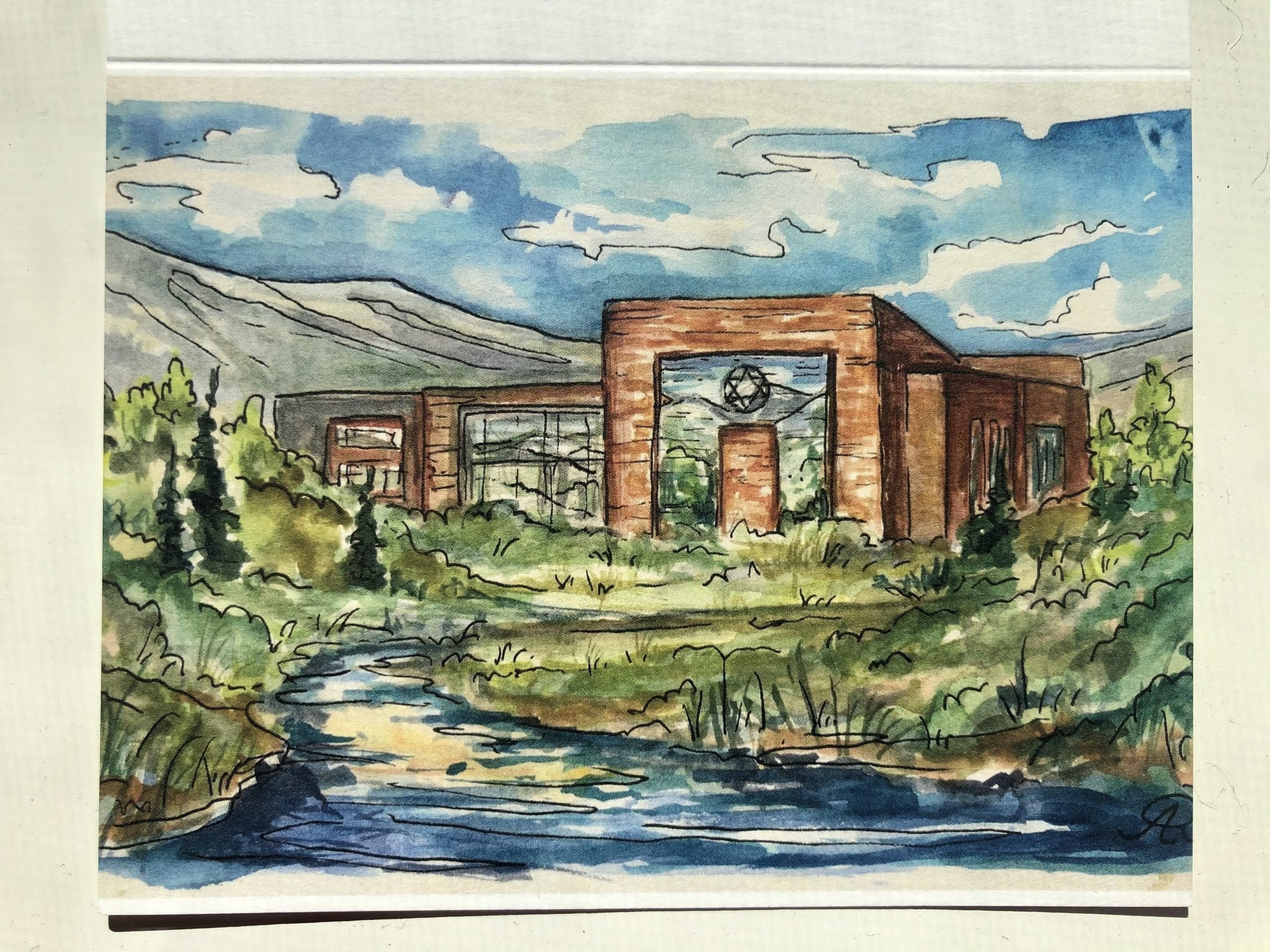 Watercolor of Temple Har Shalom.