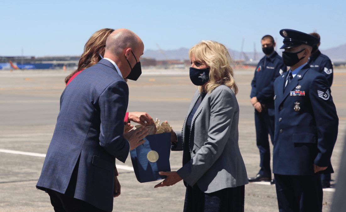 First Lady Dr. Jill Biden is greeted at the airport today by Utah Governor Cox.