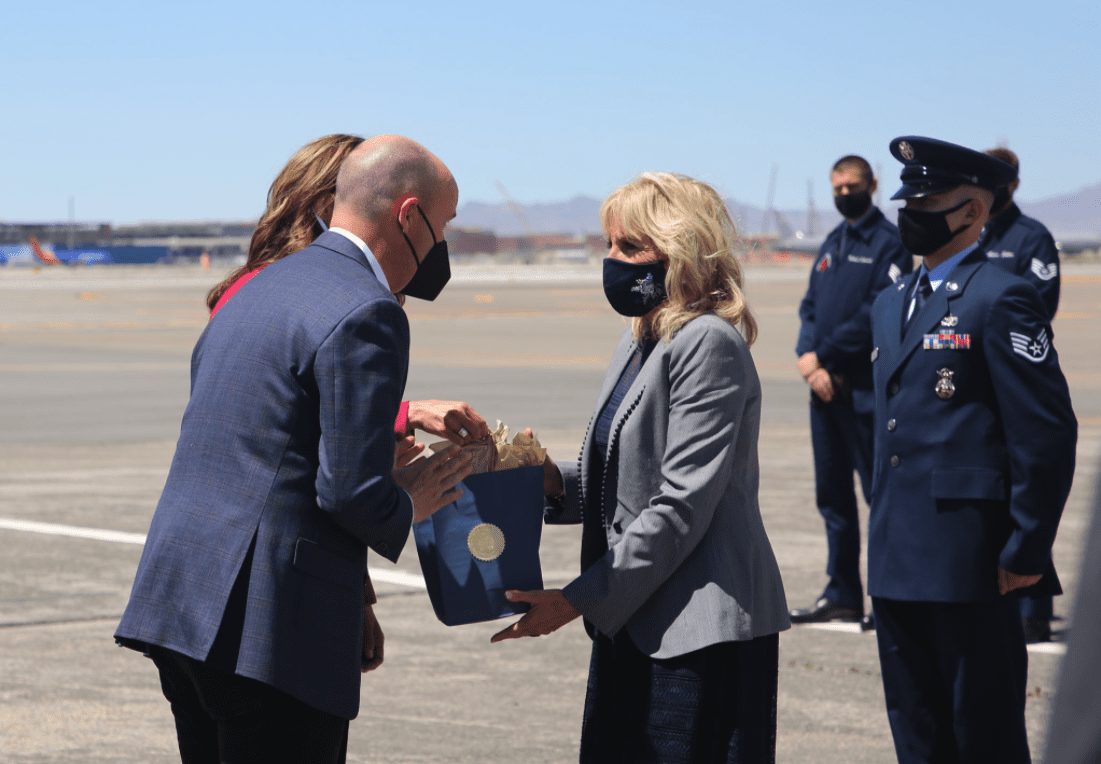 First Lady Dr. Jill Biden is greeted at the airport today by Utah Governor Cox.