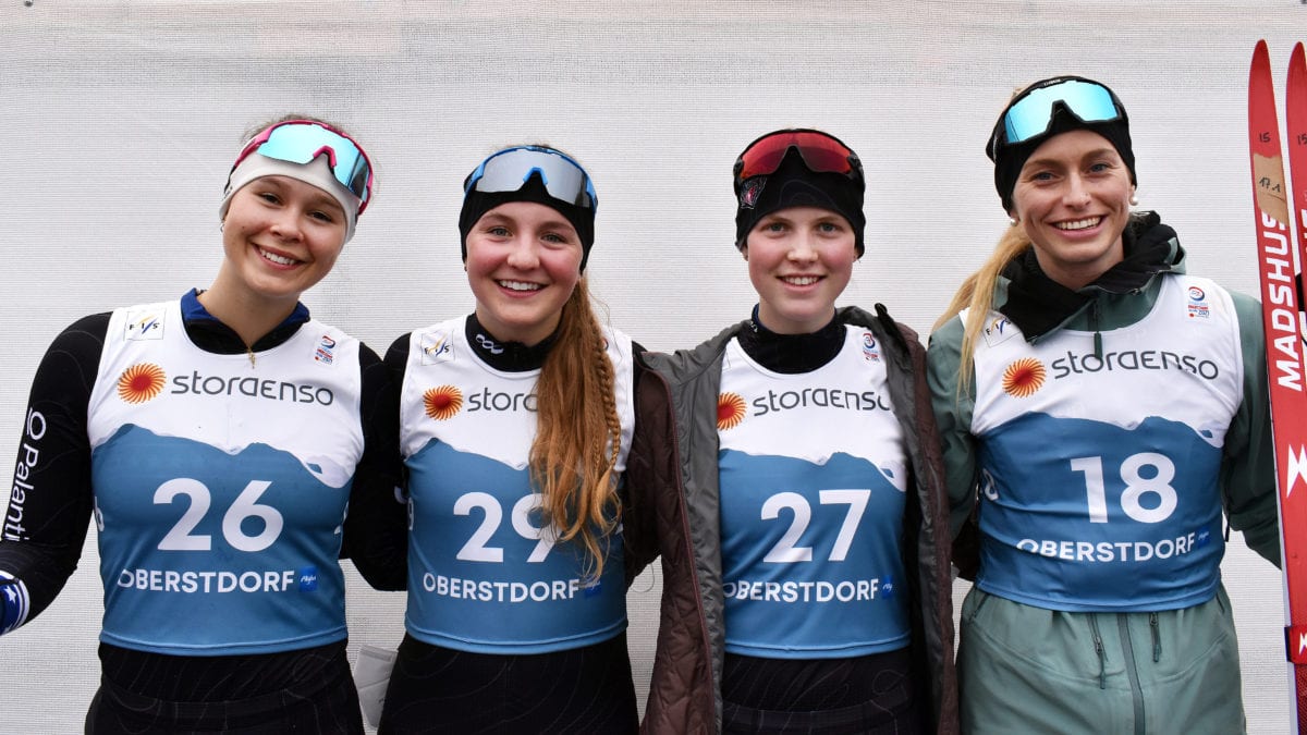 USA Nordic's historic women's nordic combined team at the FIS Nordic Ski World Championships in Oberstdorf, Germany. From left: Annika Malacinski, Tess Arnone, Alexa Brabec and Tara Geraghty-Moats.