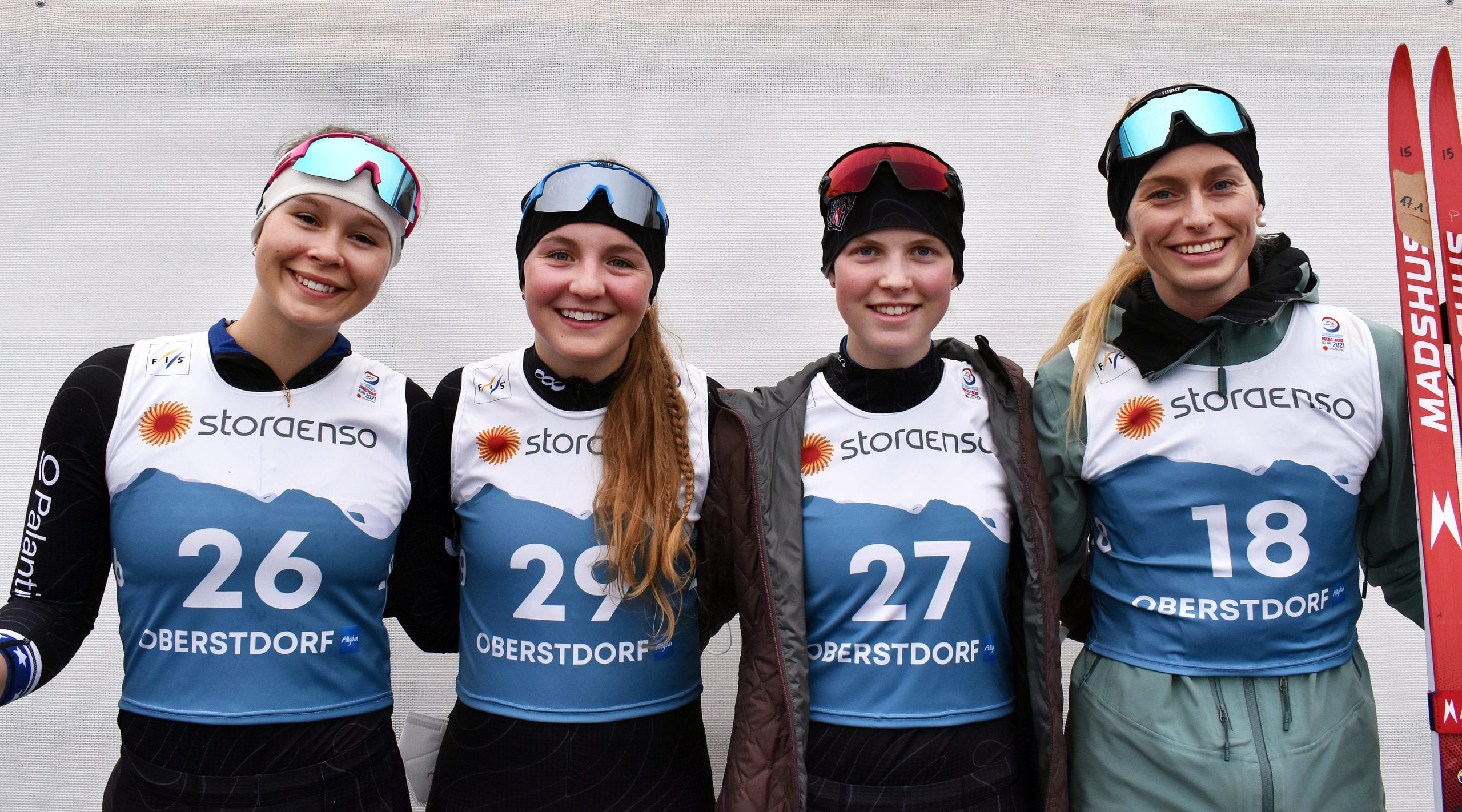 USA Nordic's historic women's nordic combined team at the FIS Nordic Ski World Championships in Oberstdorf, Germany. From left: Annika Malacinski, Tess Arnone, Alexa Brabec and Tara Geraghty-Moats.