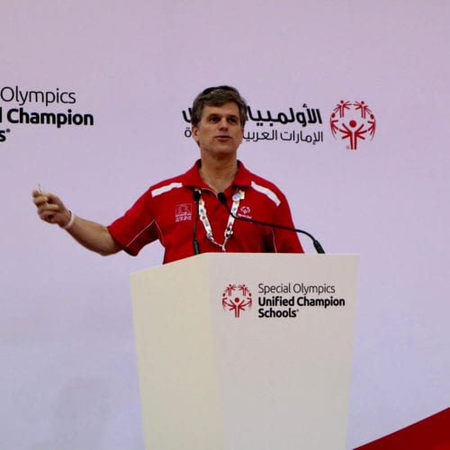 Tim Shriver, Ph.D, head of Special Olympics International board of directors. Seen here at the the Global Youth Leadership Summit in March 2019.