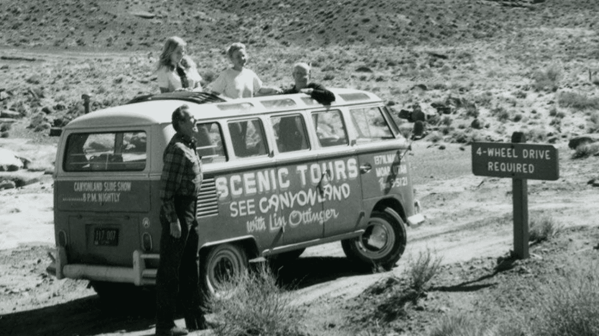 Ottinger Tours in Canyonlands National Park. A historical Moab image captured by Fran and Terby Barnes.