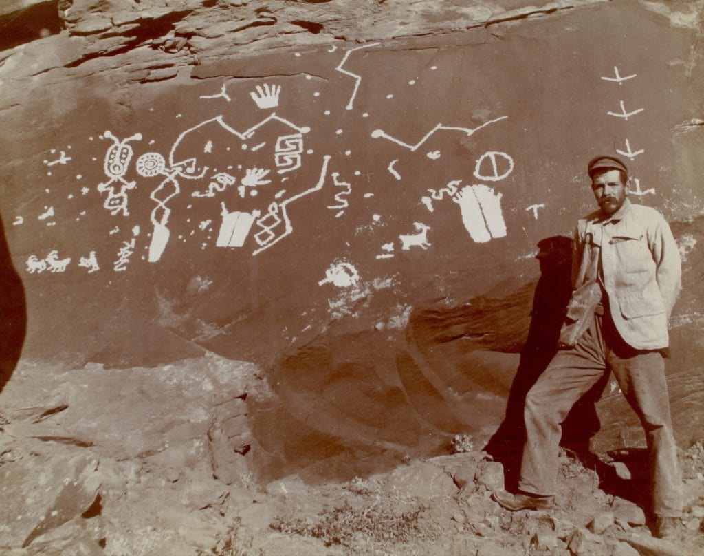 Robert Brewster Stanton standing beside petroglyphs in Glen Canyon, USA, about 1893. Robert Brewster Stanton (1846-1922) was an American civil and mining engineer. He was chief engineer on an expedition in 1889-90 to explore the possibility of running a railway line through the Grand Canyon.