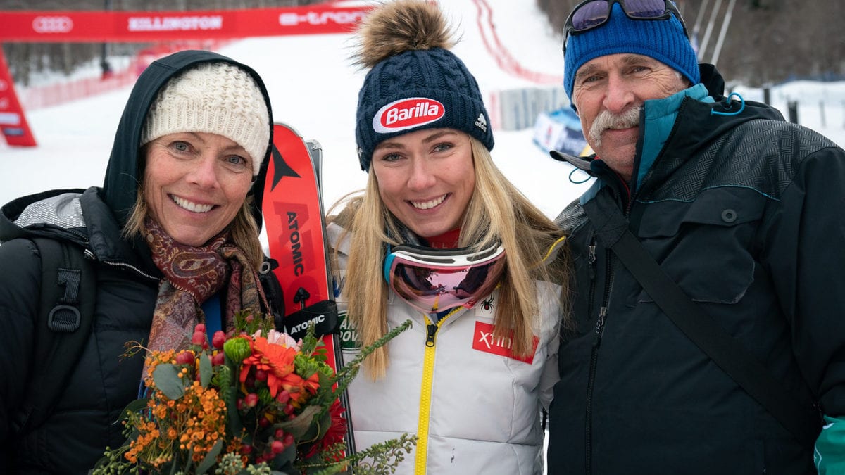Eileen, Mikaela and Jeff Shiffrin at the 2019 Slalom HomeLight Killington Cup in Vermont.