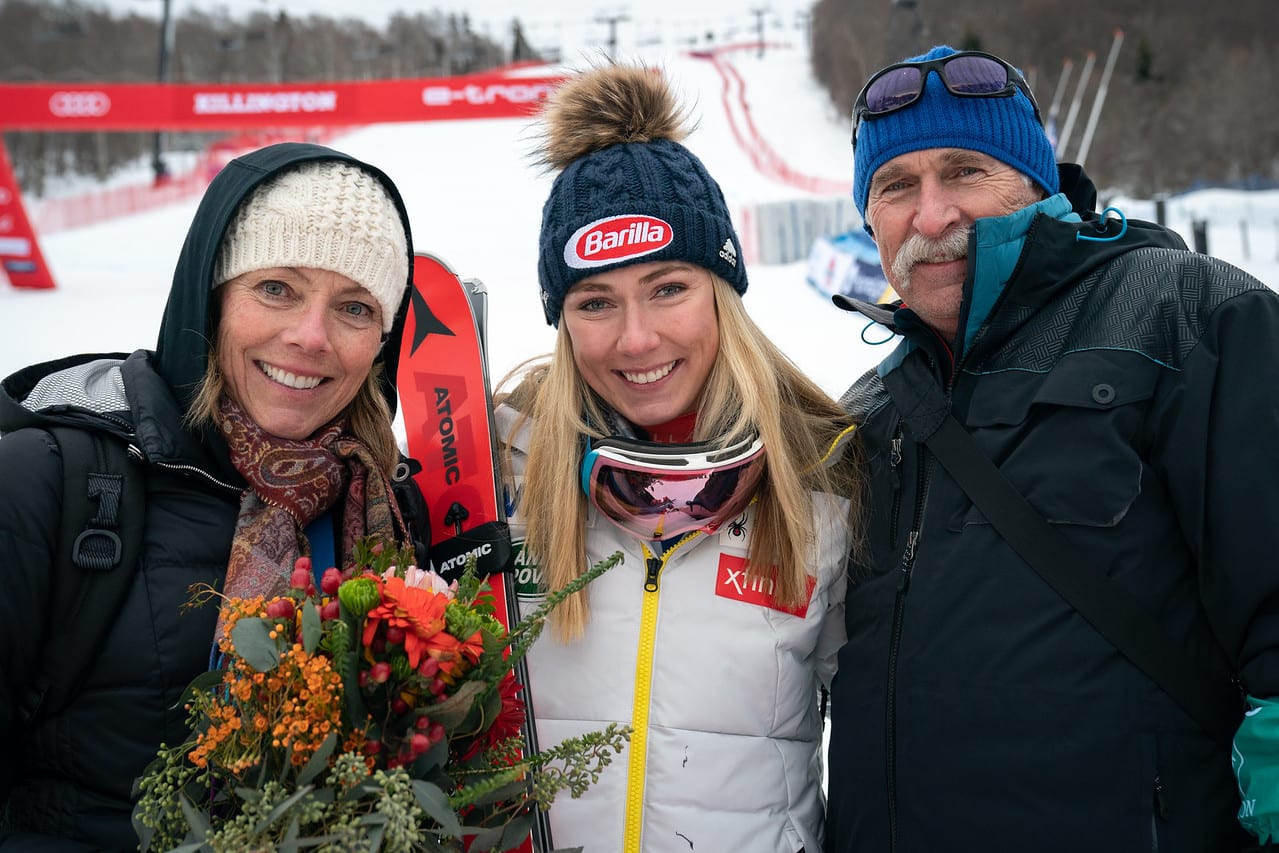 Eileen, Mikaela and Jeff Shiffrin at the 2019 Slalom HomeLight Killington Cup in Vermont.