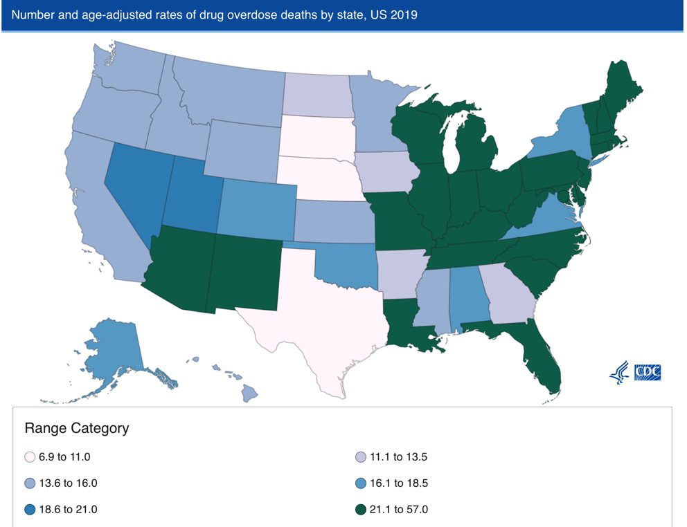 Number and age-adjusted rates (per 100,000) of drug overdose deaths by state, US 2019.