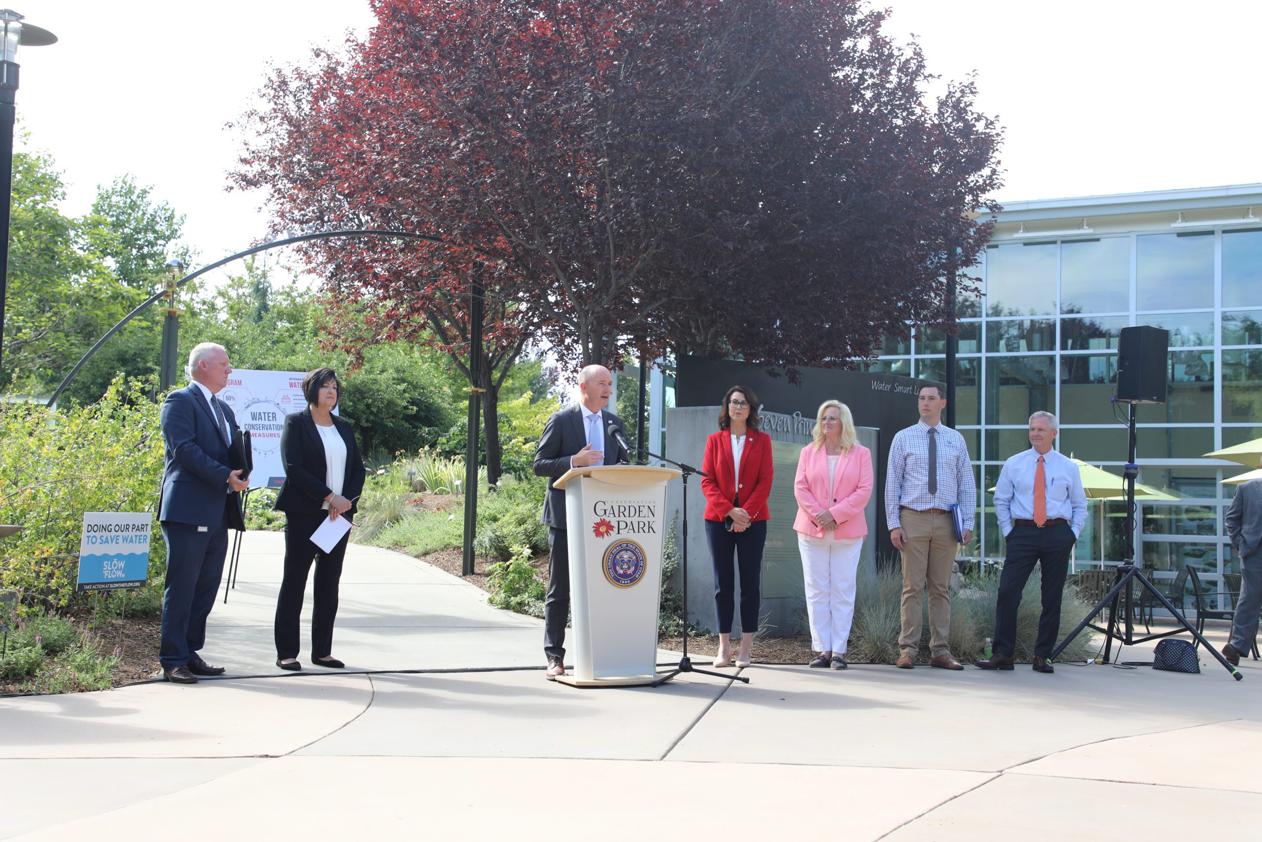 Gov. Spencer J. Cox outlines efforts to save water at the Jordan Valley Water Conservancy District’s Conservation Garden in West Jordan.