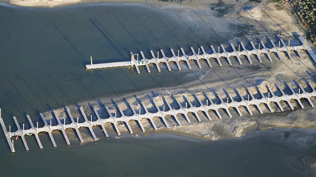 The shallow water is seen from above at a boat dock on May 13, 2021, on Antelope Island in Utah.