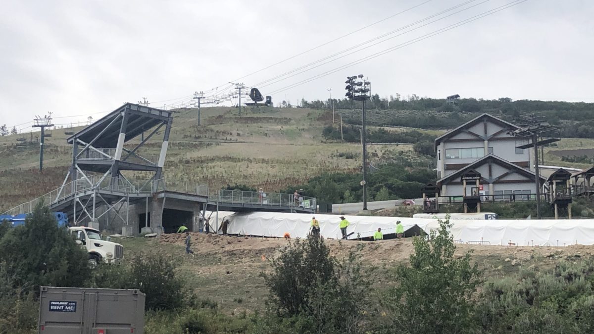 Construction workers putting the final touches on the new Steve Holcomb Bobsled/Skeleton Push Track at the Utah Olympic Park