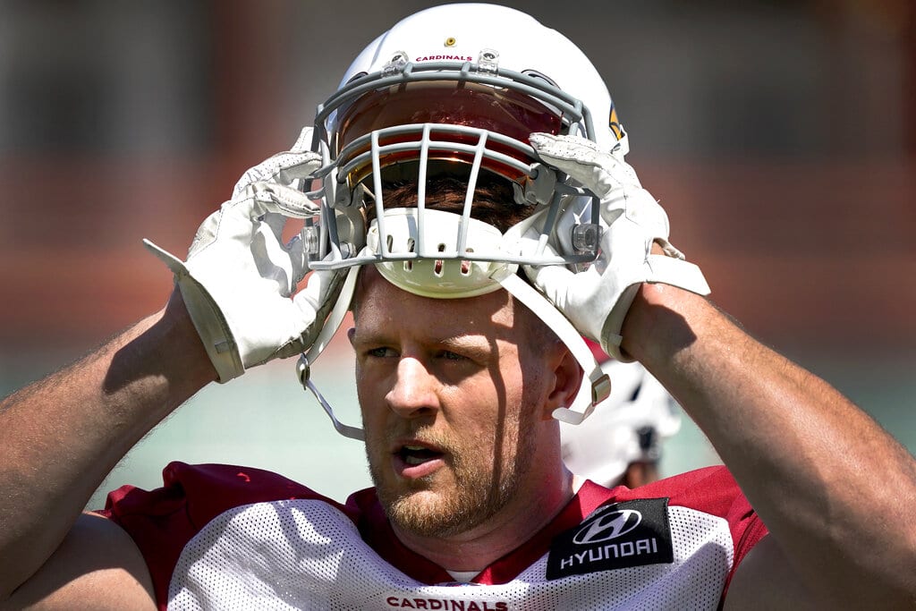 Arizona Cardinals defensive end J.J. Watt runs drills during an NFL football minicamp, Tuesday, June 8, 2021, in Tempe, Ariz.