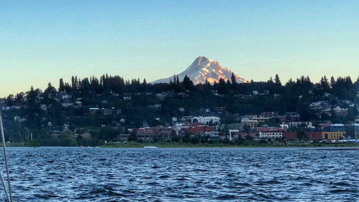 Mount Hood, above Hood River, Oregon and the Columbia River.