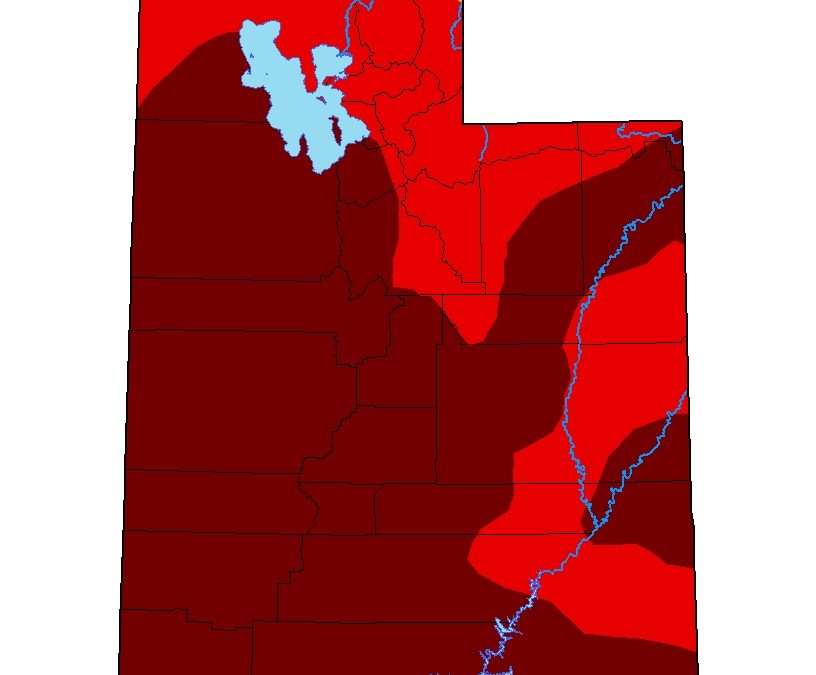 Current map of Utah's drought level, with dark red marking the most extreme drought levels.