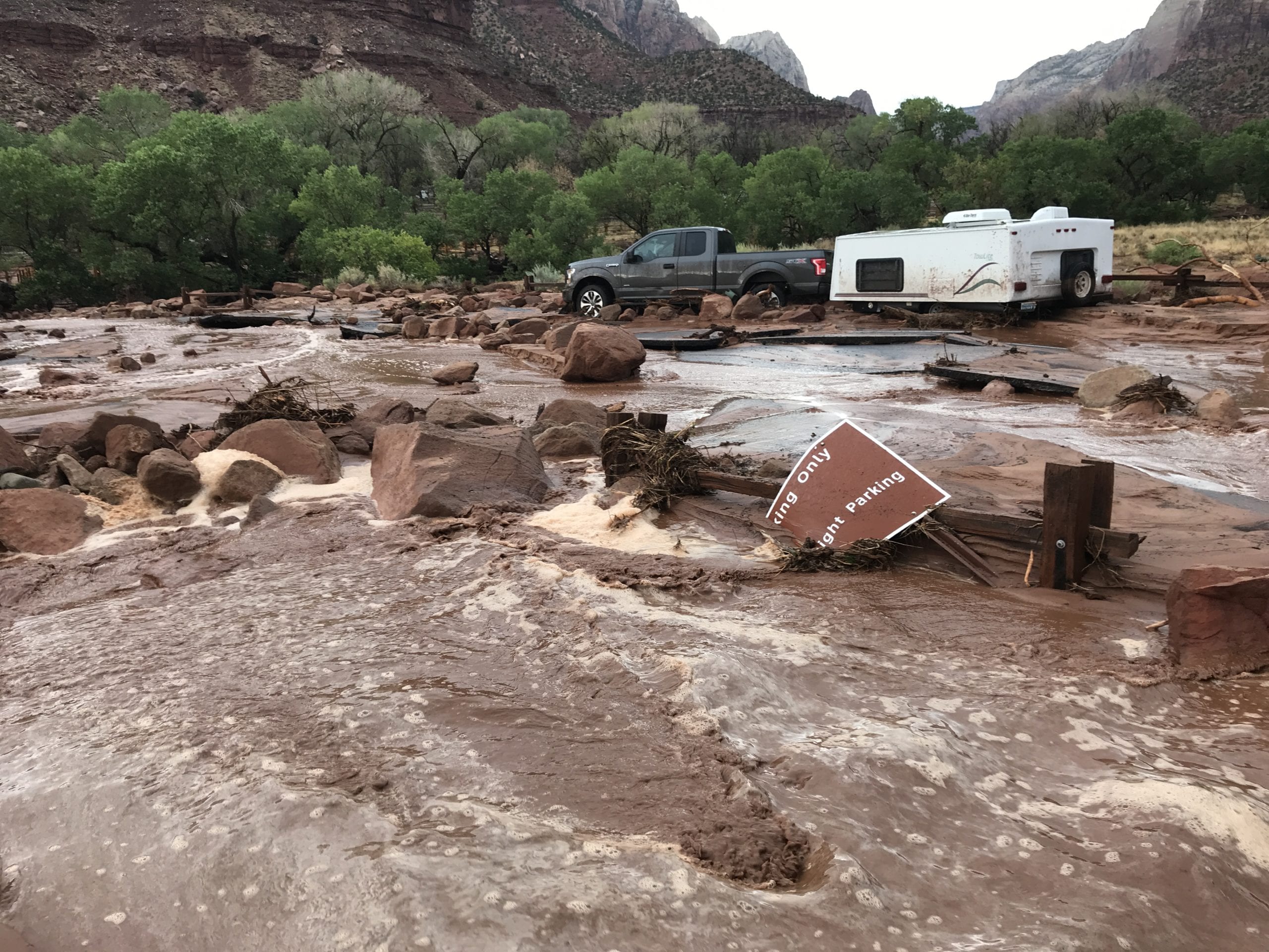 In this photo provided by the National Park Service is the scene after a flash flood in Zion National Park, Utah on Tuesday, June 29, 2021. Zion National Park reopened with modified operations Wednesday after a flash flood swept through portions of southern Utah. Park officials are urging visitors to exercise caution and to expect delays as clean up efforts continue and damage is assessed following Tuesday's flood.