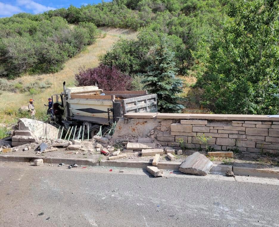 A dump truck crashed into a Marsac Ave roundabout on July 28.